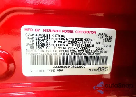 2016 Mitsubishi Outlander Sport Es z USA, uszkodzony, nr VIN JA4AR3AW4GZ033937